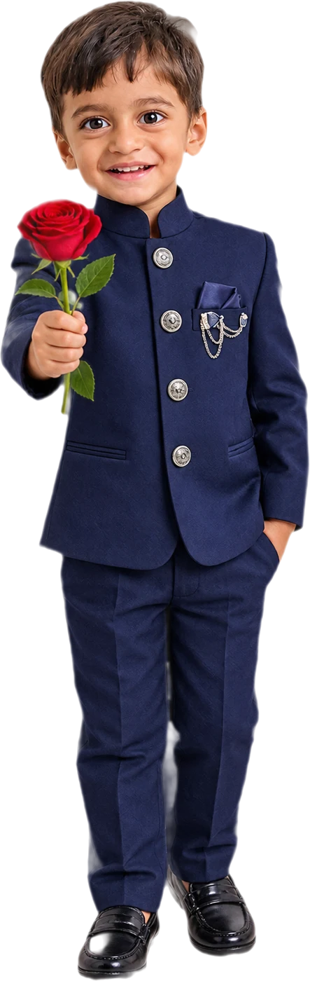 The birthday boy in a navy bandhgala, holding a red rose